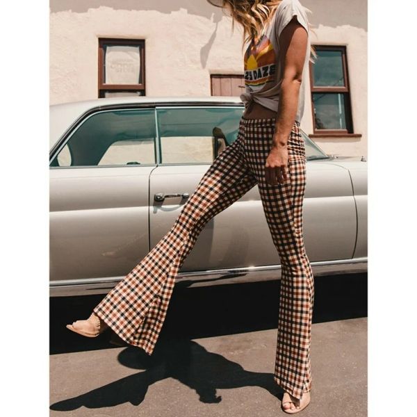 Capris Long Flare Pants Kadın Boho Hippi Kız Pantolon Kadın Vintage Yüksek Bel Çan Alt Ekose Allmatch Yeşil Streç Bellbottom