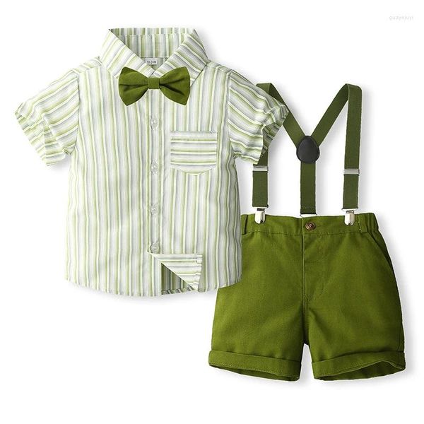 Set di abbigliamento Bambino Bambini Ragazzo Abito da gentiluomo Manica corta A righe Bottoni Papillon Camicia Bretelle Pantaloncini 2 pezzi Abiti Set per ragazzi