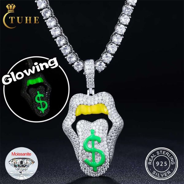Ювелирные изделия в стиле хип-хоп, светящиеся в темноте стерлингового серебра 925 пробы, ожерелье с кулоном в виде доллара с муассанитом и бриллиантами