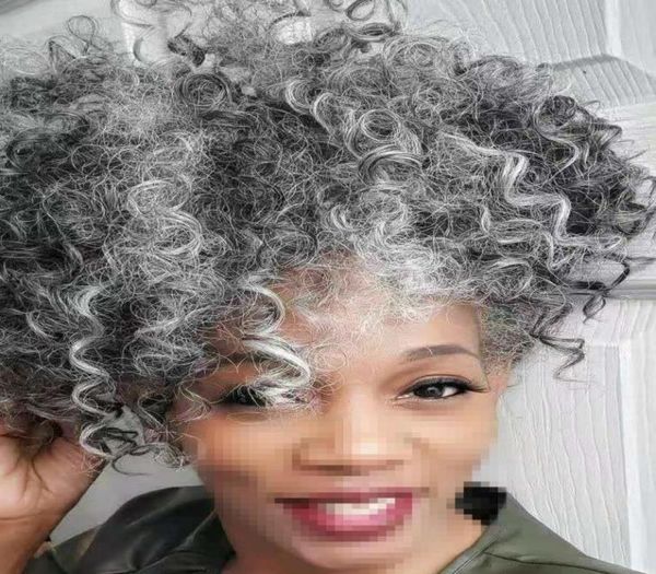 Moda e pimenta cinza encaracolado penteado real rabo de cavalo estilo afro puff 14 polegadas prata cinza cabelo humano extensão de rabo de cavalo para preto 5718527