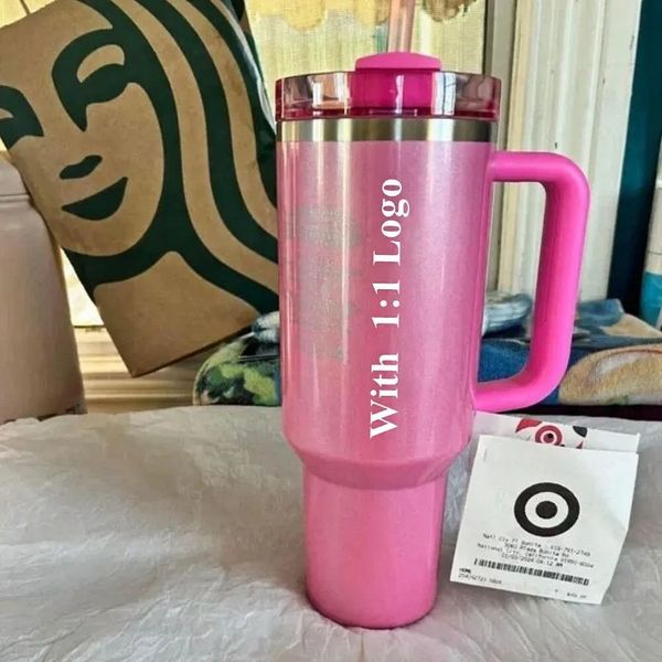 US Warehouse Tumblers Garrafas de Água Inverno Rosa Com 1: 1 LOGOTIPO Alvo Vermelho Cosmo Rosa Flamingo Canecas H2.0 Réplica Copos de 40 onças com tampa de silicone e carro de palha 0307