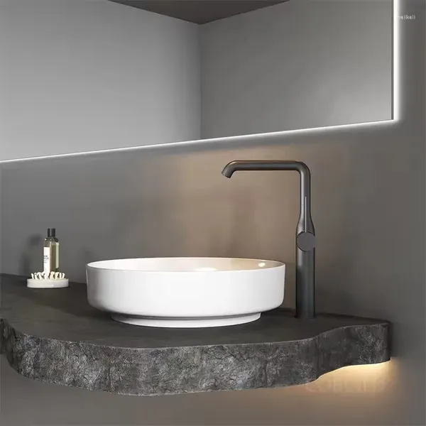 Badezimmer-Waschtischarmaturen, gebürstetes Grau, Luxus-Messing, hoher Waschbecken-Wasserhahn, Top-Qualität, 1-Loch-Griff, Wandmontage, Est-Design