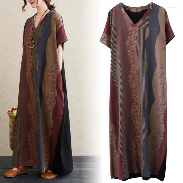 Partykleider Elegante Damen Vintage Streifen Lose Leinenkleid Sommer Übergröße Kurzarm Robe Kaftan Lässig V-Ausschnitt Strand Boho Lang