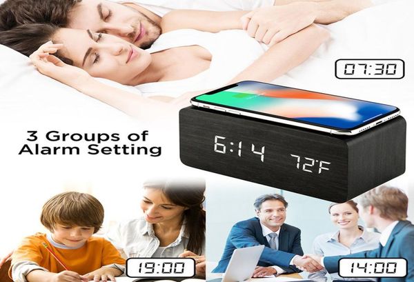 Sveglia digitale con pad di ricarica wireless Qi Orologi notturni a led in legno Funzione di controllo 3 impostazioni 4 colori9452552