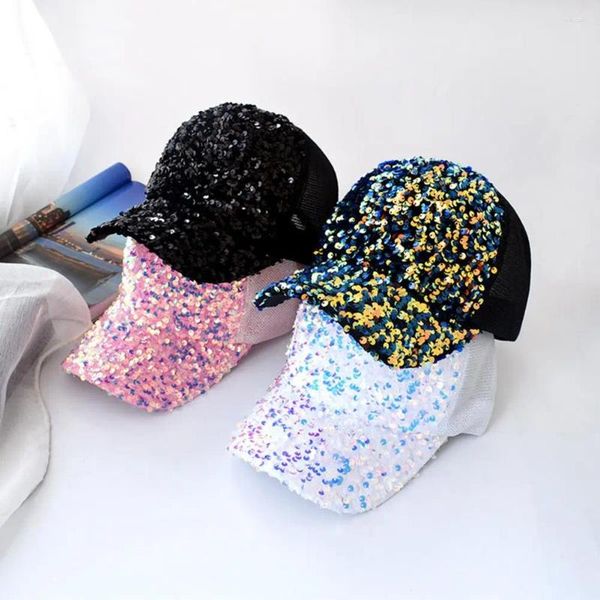 Berretti da baseball Cappello Paillettes lucide Cuciture a rete traspiranti Tesa estesa Protezione solare da baseball Colore brillante Accessori moda per il sole