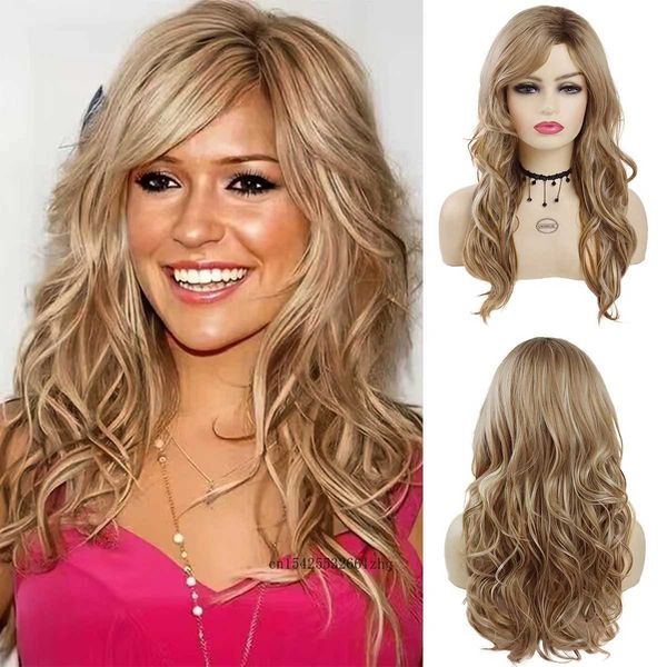 Perucas de cabelo sintético feminino peruca longo encaracolado com franja natural fofo estilo doce senhoras meninas diário cosplay festa uso 240306