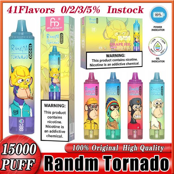 Fumot RandM Tornado 15000 затяжек Электронные сигареты 41 вкус Одноразовая ручка для вейпа 850 мАч Кальян Зарядка типа C 25 мл Предварительно заполненный контейнер Дисплей для батареи Разз-бар 15 тыс. Вейпер 15000