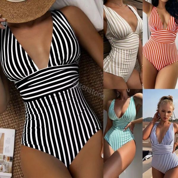 Gestreifter Badeanzug, Designer-Badebekleidung, Damen-Bodysuit mit V-Ausschnitt, einteiliger Badeanzug, Badeanzüge für Damen, sexy Designer-Bikini-Badebekleidung