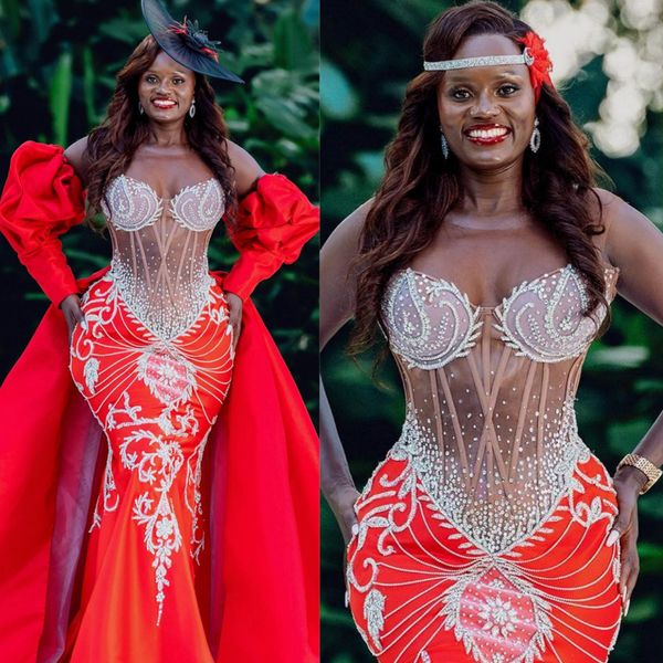 2024 Abiti da ballo africani Plus Size Aso Ebi con treno staccabile Illusion Abiti da sera a sirena Strass in rilievo Abiti di compleanno per le donne nere Occasioni NL616