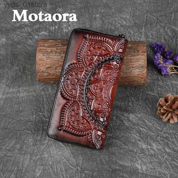 MOTAORA Retro-Mädchen-Geldbörse, lange Handtasche, Damen-Leder, handgefertigt, geprägtes Blumenmuster, Handy-Geldbörse, Chinses-Stil, Damen-Kartenhalter, L240306