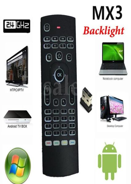 Controle remoto 24G MX3 X8 Retroiluminado Fly Air Mouse Controlador de teclado de jogo sem fio com sensor de movimento para Smart TV Android 110 TV2507699
