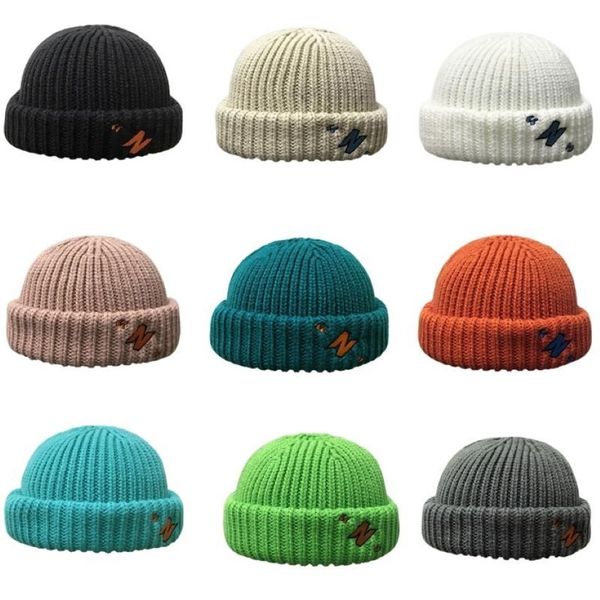 Frauen Männer Winter Warme Gestrickte Beanie Hut Neon Candy Farbe Brief Stickerei Gefesselt Brimless Hip Hop Vintage Vermieter Docker Skul296M