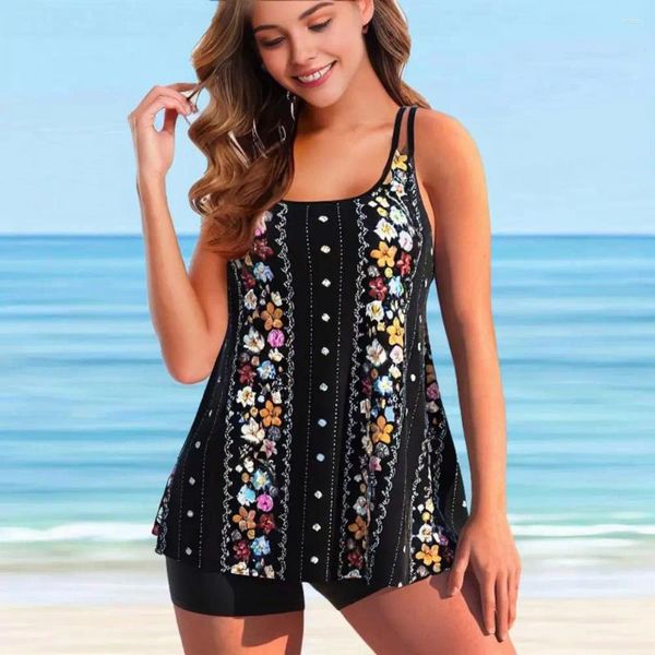 Conjunto de biquíni feminino floral impresso plus size tankini com calções de banho de cintura alta sexy duas peças maiô para o verão