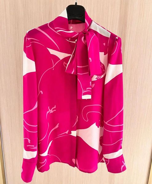 Женские футболки 2024, модная брендовая шелковая розовая дизайнерская рубашка с леопардовым принтом и длинным рукавом для женщин