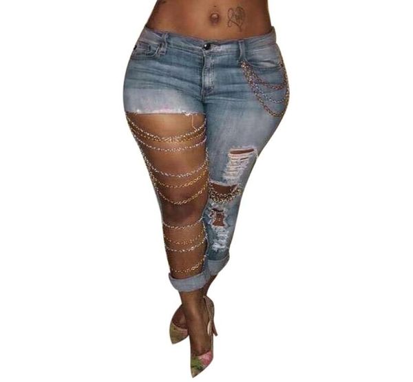 Moda design arrojado feminino fino denim rasgado corrente grande buraco calças lápis mostrando pernas longas e finas jeans magros yl59565320