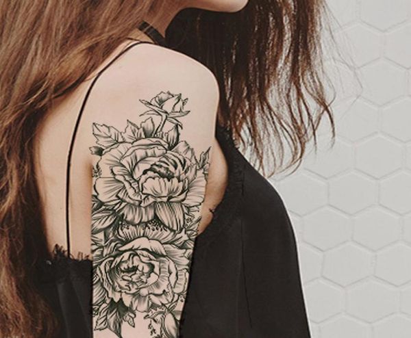 Rosa peônia flor meninas tatuagens temporárias para mulheres à prova dwaterproof água preto tatuagem adesivos 3d flor senhora ombro diy tatoos1144281