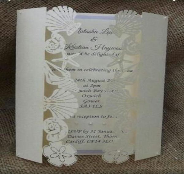 Biglietti d'invito per matrimoni con conchiglie di stelle marine cave romantiche Biglietto d'invito stampabile per feste personalizzato con busta per 200 P4911540