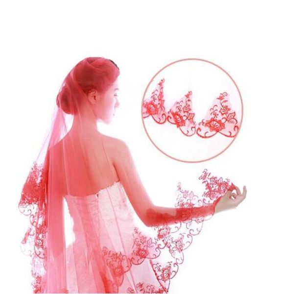 Acessórios de casamento sexo moda renda flor borda véus de noiva artesanal vermelho longo véu combinando casamento dress1843171