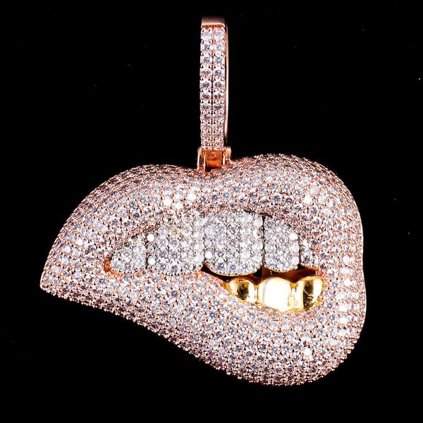 Micro pave latão 5a zircônia cúbica hip hop 14k ouro diamante boca personalizado gelado pingente bling feminino menina jóias lábio pingente