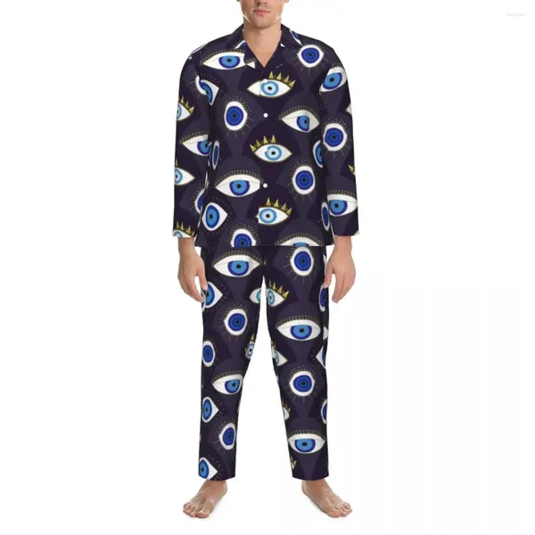 Indumenti da notte da uomo Evil Eye Print Autunno Proteggimi Set pigiama oversize vintage da uomo Indumenti da notte dal design morbido per il tempo libero a maniche lunghe