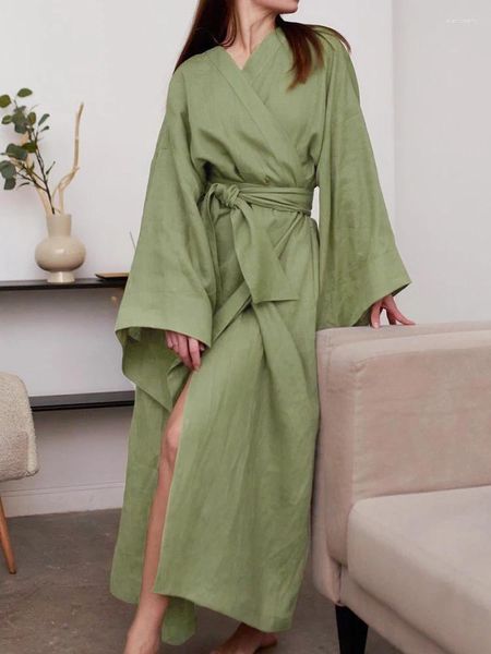 Mulheres sleepwear linad verde vestes para mulheres soltas manga longa v pescoço faixas 2024 outono roupão feminino casual nightwear sólido pijama