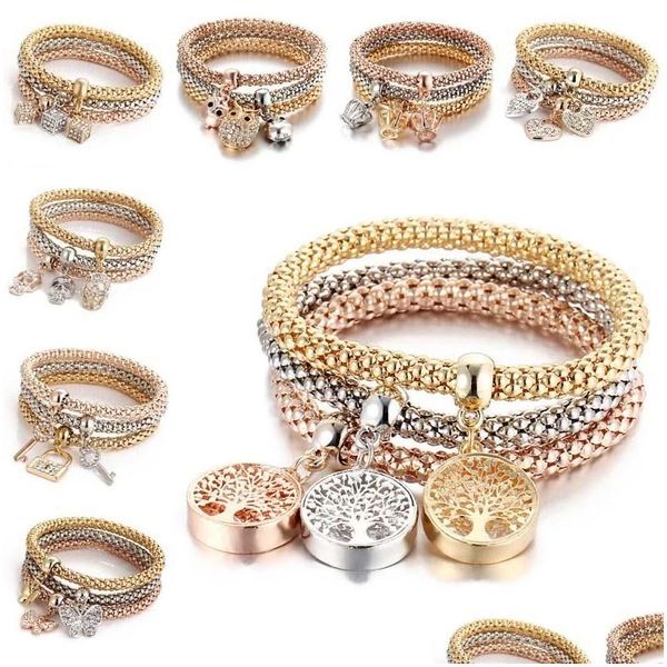 Charme pulseiras 3 pçs / set pulseira de cristal elástico coração coroa árvore da vida skl elefante chave bloqueio coruja charme warp bangle conjuntos para mulheres dhk7o