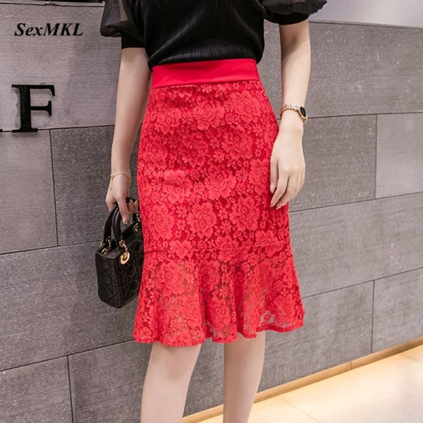 Rock Elegante Sommerspitzenröcke Damen 2023 Mode elastische Hohe Taille Rüschen schwarzer Bleistiftrock Slim Korean sexy Büro Midi Rock