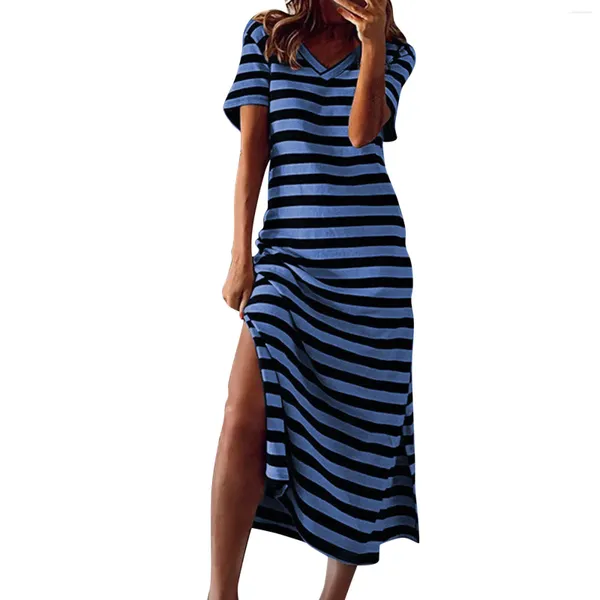 Abiti casual da donna per adolescenti Vestito maxi a righe da ragazza Manica corta Scollo a V Abbigliamento lungo diviso da spiaggia ampio