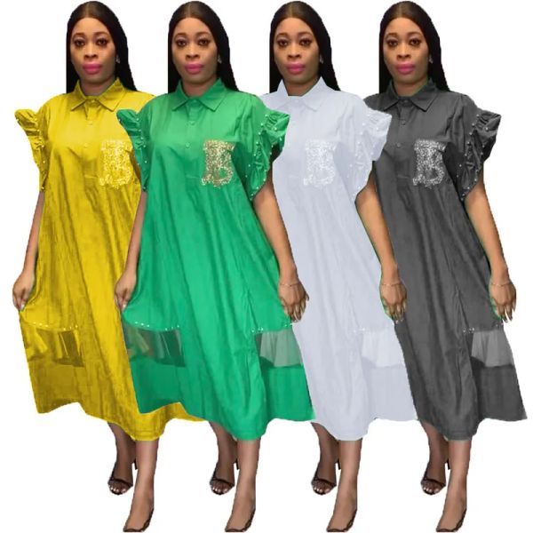 Kleid Houseofsd 2023 Afrikanische Mode Damen Kausalen Hemd Kleid Perlen Stil Einfarbig Mittlere Waden Länge Kurze Kleider Für Mama