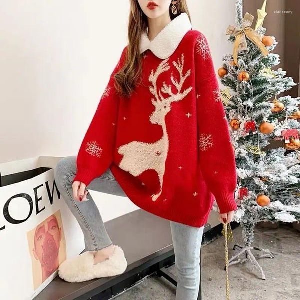 Женские свитера, вязаная женская одежда с рождественским лосем, милый воротник Питера Пэна, осень-зима 2024, стильные снежные корейские джемперы с длинными рукавами