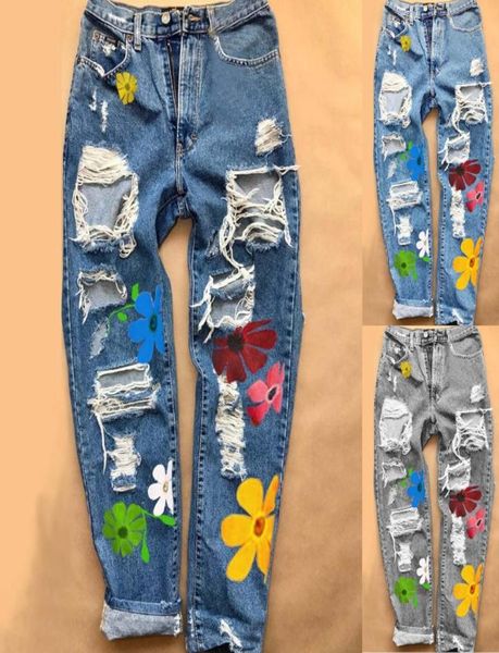 Calça jeans feminina rasgada cintura alta estampa floral com bolsos estilo casual bottoms1978797