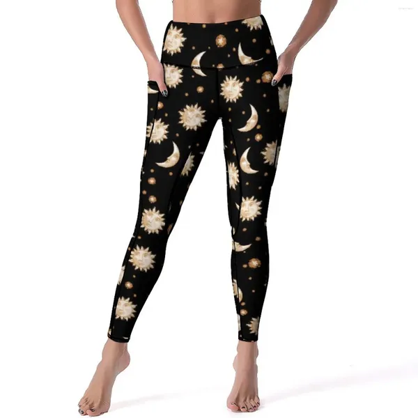 Pantaloni attivi Vintage Moon Gold Leggings Tasche Celestial Sun Design Yoga Vita alta Legging da corsa Calzamaglia sportiva elasticizzata carina