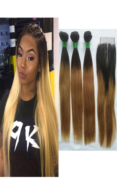 1B27 Ombre Blonde Gerade Bundles mit Verschluss Brasilianisches Peruanisches Malaysisches Menschenhaar Weben 3 Bundles mit 4x4 Mittelteil Lac8870485