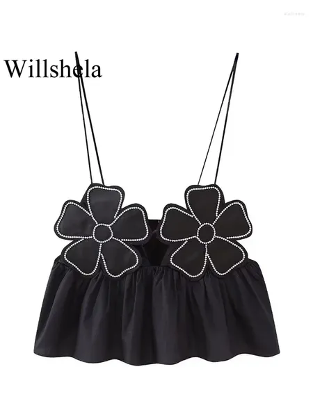 Женские майки Willshela, женские модные черные укороченные топы с открытой спиной и цветочным принтом, винтажные тонкие бретели, плиссированные женские шикарные женские укороченные топы