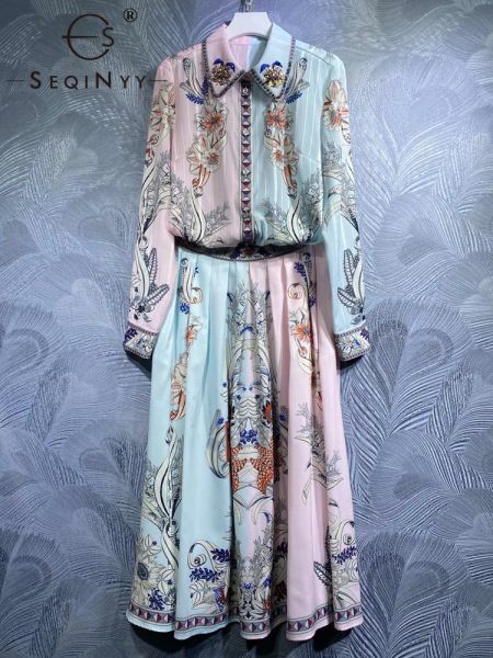 Vestidos seqinyy elegante terno verão primavera novo design de moda feminina pista miçangas camisa + saia longa plissada vintage flores impressão