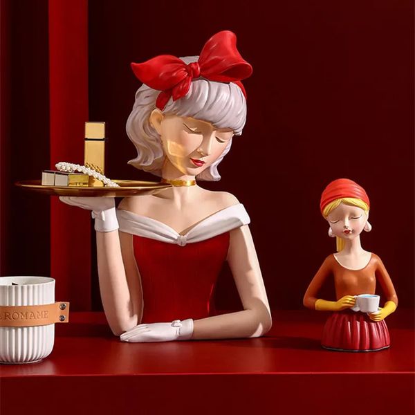 Statua moderna con fiocco per ragazza per ingresso, ornamenti per vassoio portaoggetti per chiavi, decorazioni per la casa, figurine artigianali, snack, vassoio portaoggetti per caramelle, regalo 240304