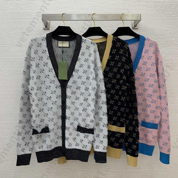 Designer camisola mulheres cardigan com decote em v camisola de malha dupla carta jacquard ouro prata seda tecido botão com decote em v manga comprida malha suéteres finos casaco