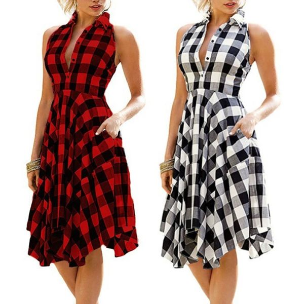 Kleid S2XL 4 Farben Plaid Plissee Ärmelloses Knöchellanges Hemdkleid Casual ALine Damen Sommer Strand Party Büro Reisekleidung