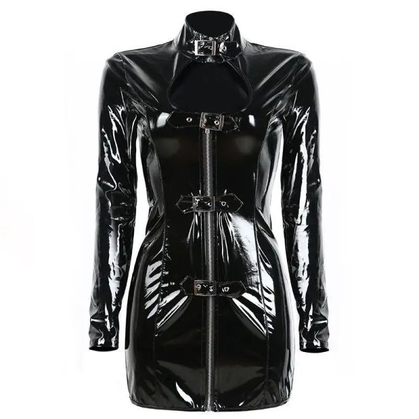 Kleid Hot Buy Black Zipper Langarm Haspe PVC Latex Kleid Sexy Nachtclub Performance Kostüm