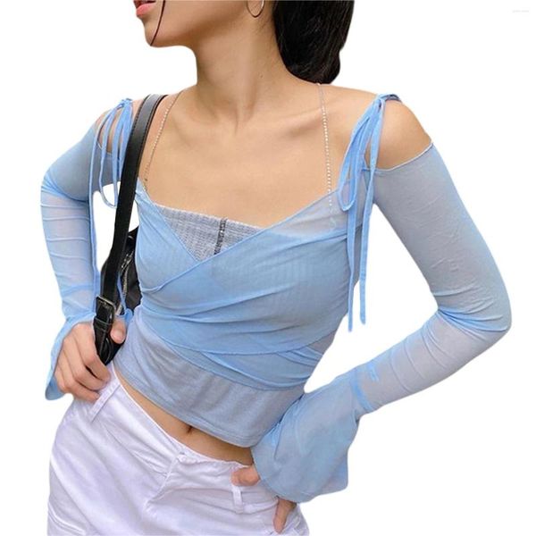 Damen T-Shirts Sexy Tie Up Flare Langarm Mesh Garn Crop Top Frauen Schulterfrei V-Ausschnitt Feste Bandage T-Shirt Streetwear Exposed Navel