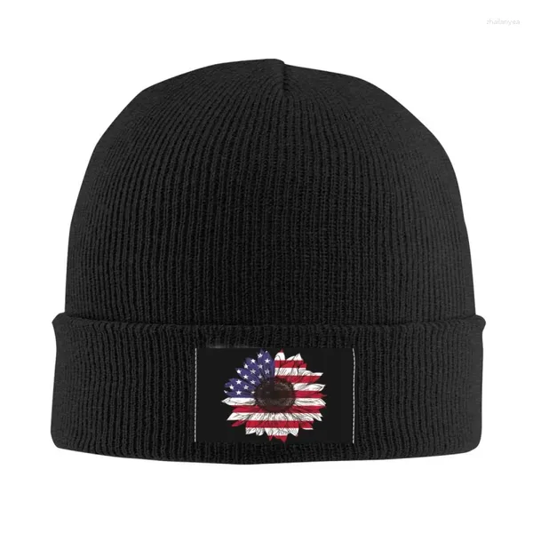 Berretti Girasole Bandiera americana Cappelli a cuffia Cappello lavorato a maglia Hip Hop per donna Uomo Caldo inverno Fiore Skullies Berretti Berretti