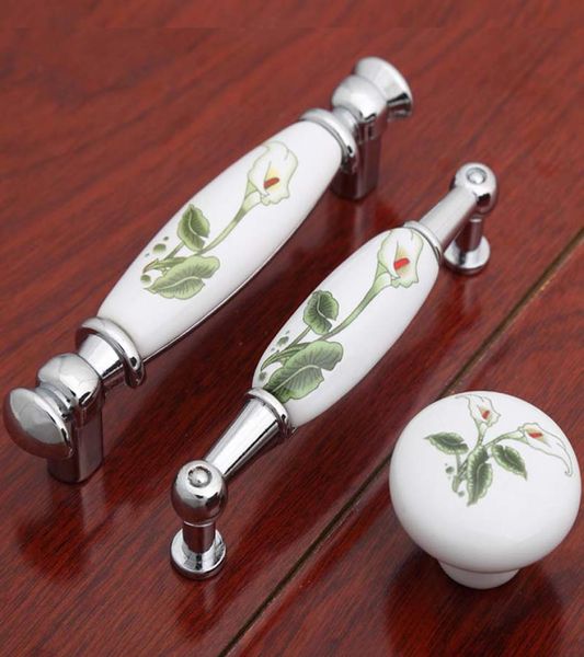 96mm puxadores de móveis de cerâmica rural branco verde porcelana armário de cozinha puxadores de gaveta prata cromo cômoda porta handles9119500