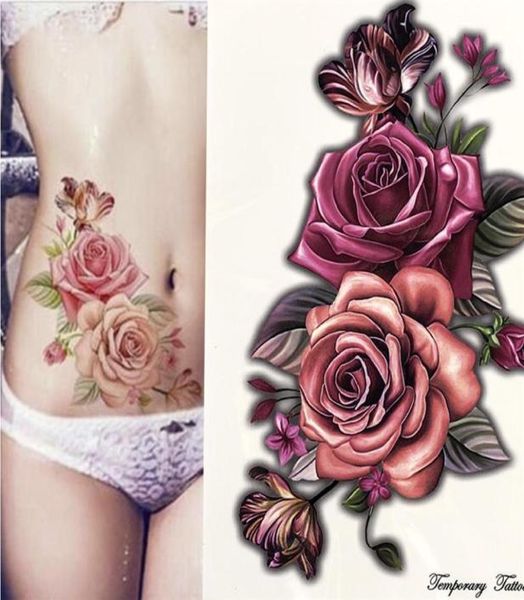 Beleza 12 peças maquiagem tatuagens temporárias falsas adesivos rosa flores braço tatuagem à prova d'água mulheres grande flash tatuagem no corpo13859606