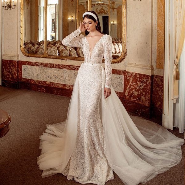 Elegante pizzo che borda perle scollo a V abito da sposa a sirena con maniche lunghe ricamo strascico in tulle liscio rimovibile senza schienale 2 in 1 abiti da sposa