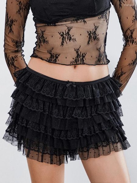 Женские шорты, элегантная черная плиссированная многослойная эластичная талия Lcae Y2K, шаровары с завязками, уличная юбка-торт