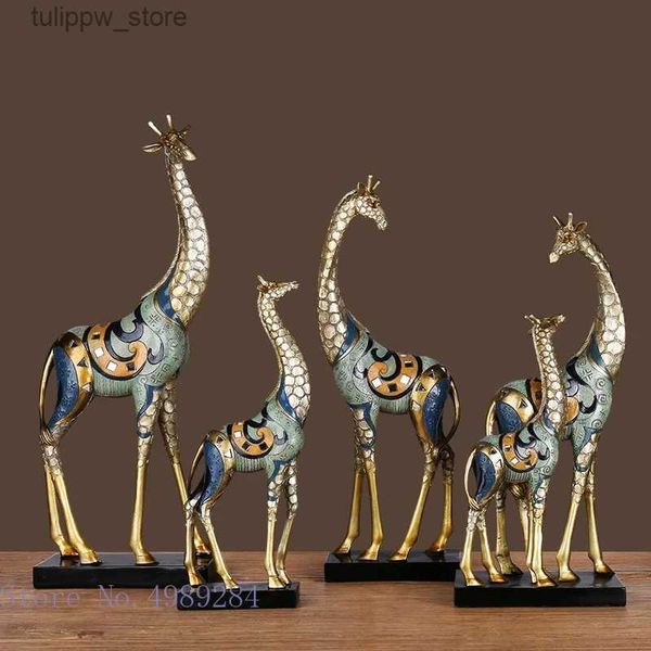 Objetos decorativos Estatuetas Simulação Escultura de Animal Girafa Mãe e Filho Estátua de Animal Pintado Moderna Decoração de Casa Ornamentos de Artesanato Dourado