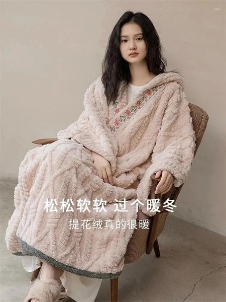 Kadınların Pijama Mercan Velvet Nightgown 2024 Kış Gevşek Japon Kalınlaştırılmış Pelerin Şalını Genişletilmiş Pijama Batak Ceket