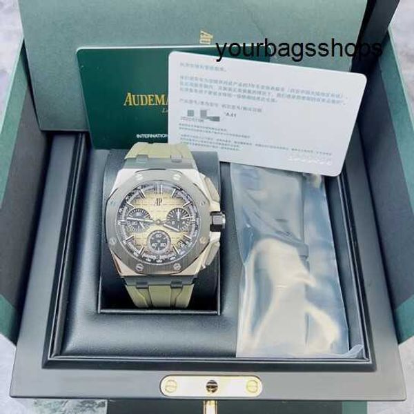 Schöne Armbanduhr AP Watch Royal Oak Offshore 26420SO, geräucherter wüstengelber Keramikring, Präzisionsstahlmaterial, Zeitfunktion, Herrenuhr, 43 mm, komplettes Set