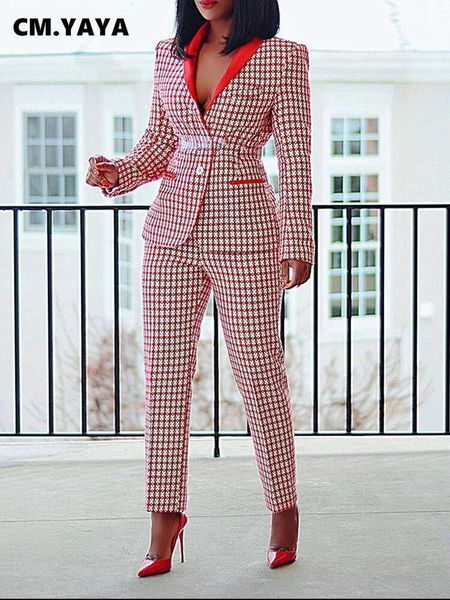 CM.YAYA Zarif Houndstooth Blazer Suit ve Pantolon Kadınlar İçin İki 2 Parça Set 2023 Sonbahar Kış Klasik Ol Street Kıyafet Takıntısı