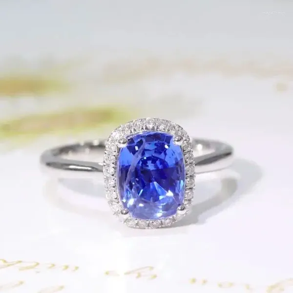 Anelli a grappolo SFL2024 Anello con zaffiro blu da 2,09 ct, vero oro 18 carati, pietra preziosa naturale, fiordaliso, diamanti, pietra femminile
